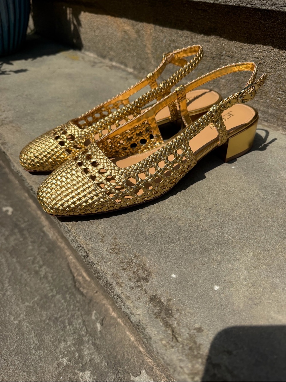 J. Crew Factory Gold Woven Slingback Low Block Heel Mules